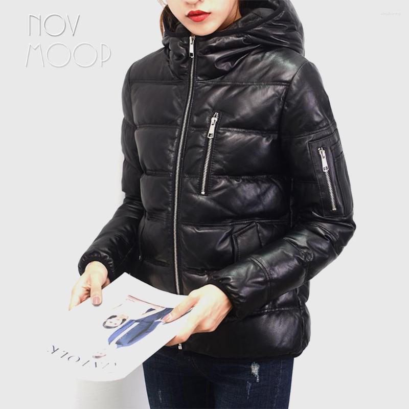 

Women' Leather Novmoop High Street Black Hooded Zipper Down Coat Winter Sheepskin Genuine Jacket Manteau Femme Kurtka Damska LT2834