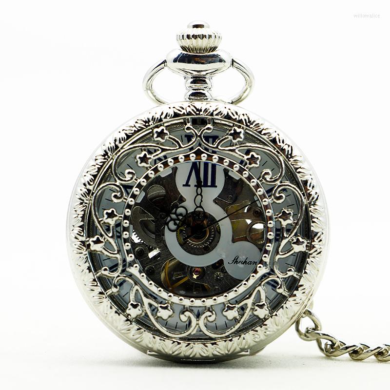 

Pocket Watches Luxury Silver Mechanical Watch FOB Chain Dial Hollow Steampunk Skeleton Men Women Mens Male Clock Reloj Hombre, Pjx1179