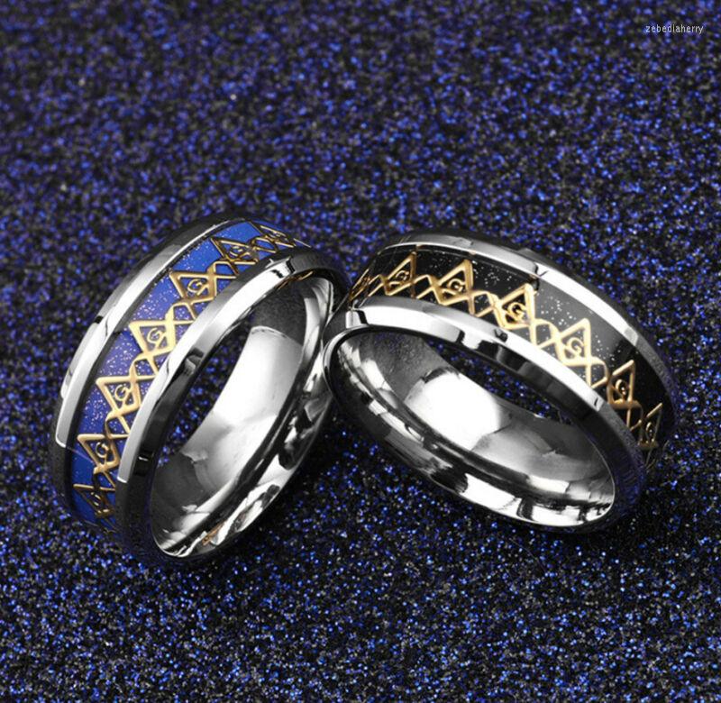 

Wedding Rings 8MM Blue/Black Stainless Steel Freemason Mason Ring Men's Titanium Band Size6-12 Romantic Engagement Jewelry