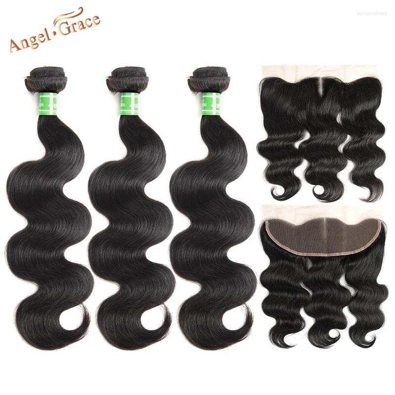 

Human Hair Bulks Angel Grace Peruvian Body Wave Bundles With Closure Frontal Ear To Lace Remy Extension
