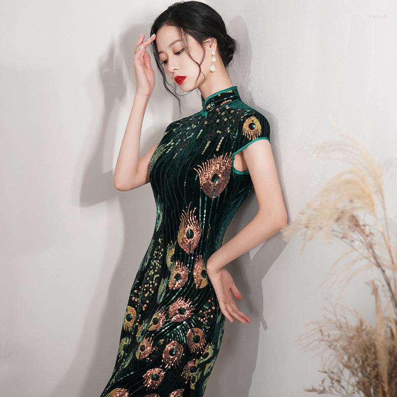 

Ethnic Clothing Oversize 4XL 15 Style Velour Sequin Cheongsam Women Slim Velvet Qipao Elegant Evening Party Dress Vestidos