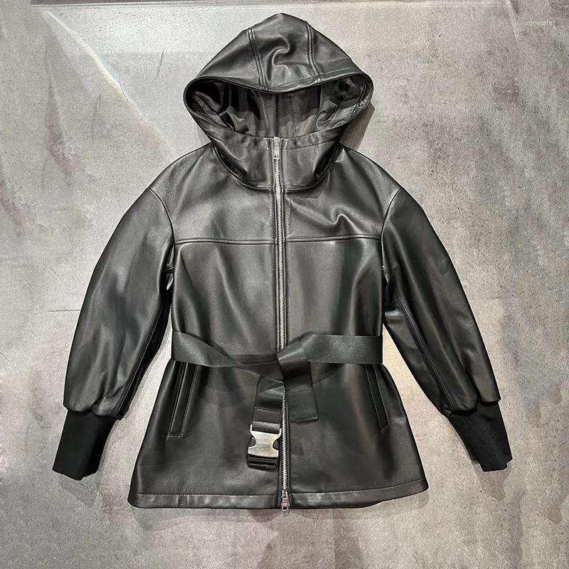 

Women' Leather High Street Moto Women Winter Jacket Genuine Sheepskin Coats With Hooded And Belt Lambskin Outwear, Black