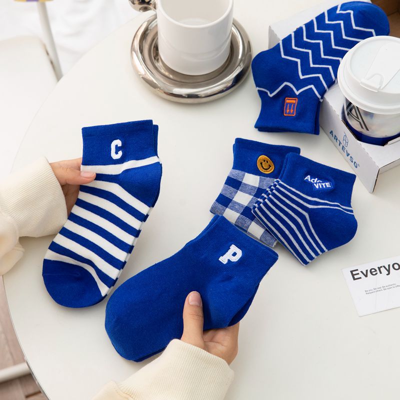 

Socks Klein Blue Letter Embroidery Stripe Trend Women Wavy Checker Smiley Face Breathable, Square