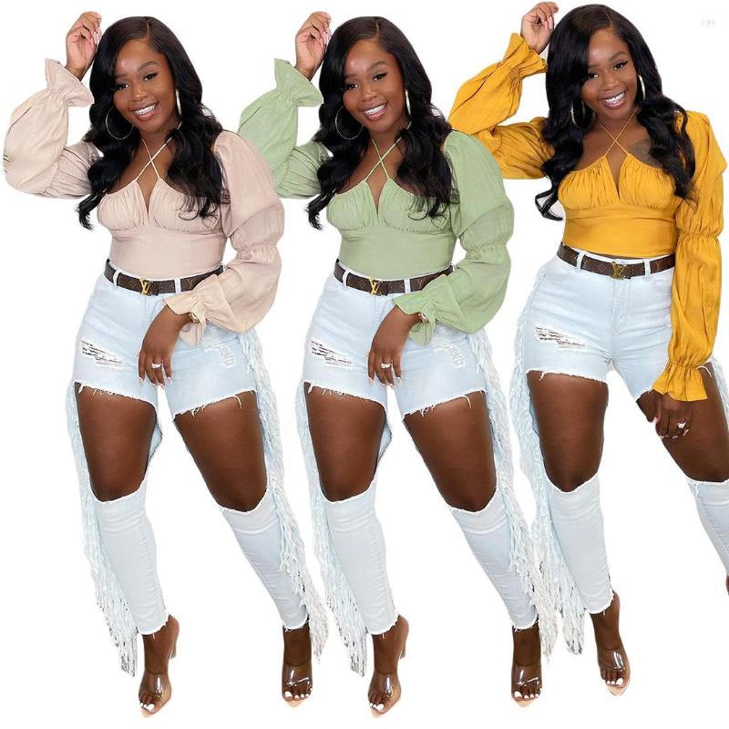 

Women' Polos 38YY5328 Autumn Winter Women Casual Fashion Pleated Lantern Sleeves Waist Back Pure Color Sexy Long-sleeved Blouse, Green