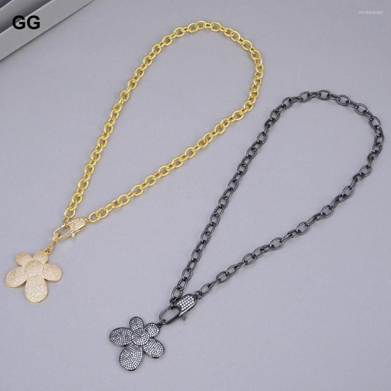 

Pendant Necklaces GuaiGuai Jewelry 17'' Gunmetal Gold Color Chain Necklace 32x33MM Cz Pave Flower Charm For Women Gifts
