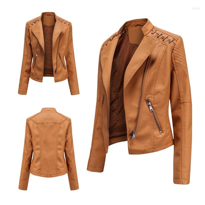 

Women' Leather Spring Autumn Women Faux Jacket Short Zipper Basic Biker Coat Ladies Turndown Collar Motorcycle Jackets Loose Outerwear, Light cherry pink