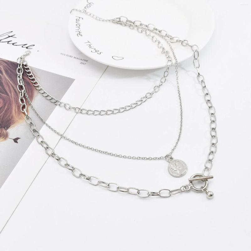 

Chains Punk Silver Hip-Hop Three-Layer Necklace Pundi Tide Cool Clavicle Chain Women's Coin Bell Pendant Party Trendy Jewelry