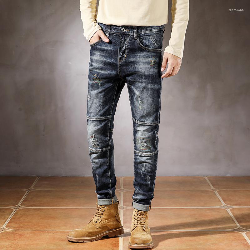 

Men's Jeans Ripped For Men Dark Blue Stretch Slim Fit Distressed Patchwork Hip Hop Streetwear Frayed Casual Man Denim Pants Punk Style