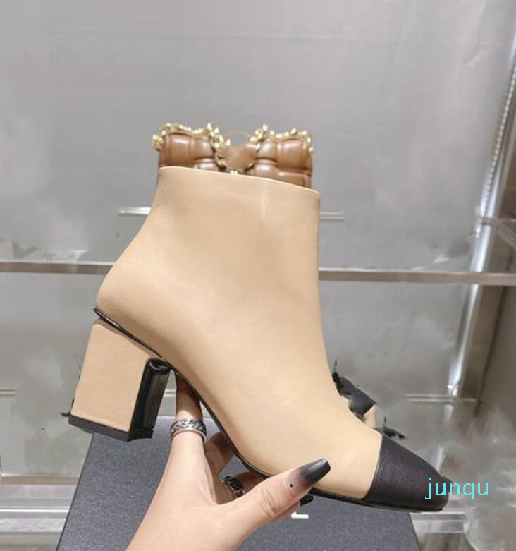 

Design Winter Boots Fashion Women Vintage Channel Decorative Leather Cotton Cloth Wool Warm Keeping High Heel Thick Sole Snow Flat Socks Shoes 02-010