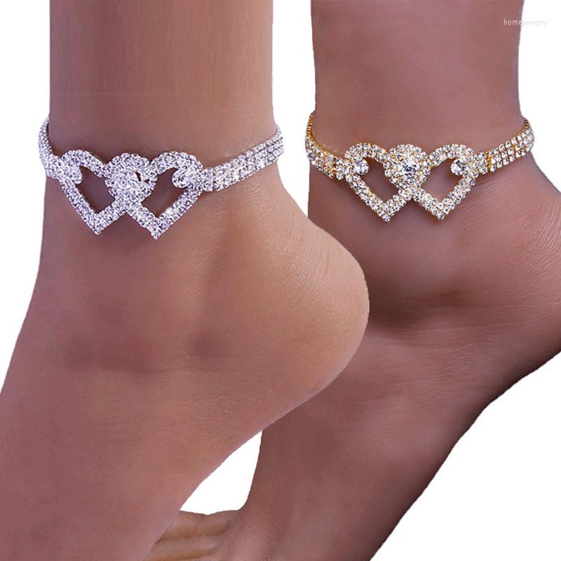 

Anklets Fashion Double Heart Anklet Crystal Bracelet For Women Summer Beach Multi Row Rhinestone On Leg