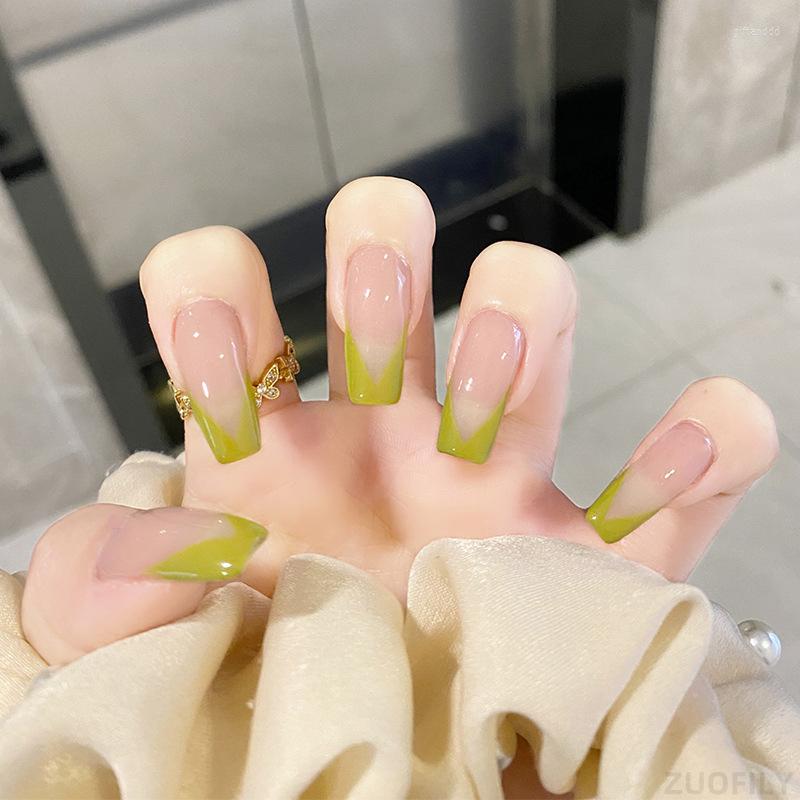 

False Nails 24pc V-French Nail Tips With Glue Press On Tender Green Removable Short Paragraph Manicure Accessories, 13231