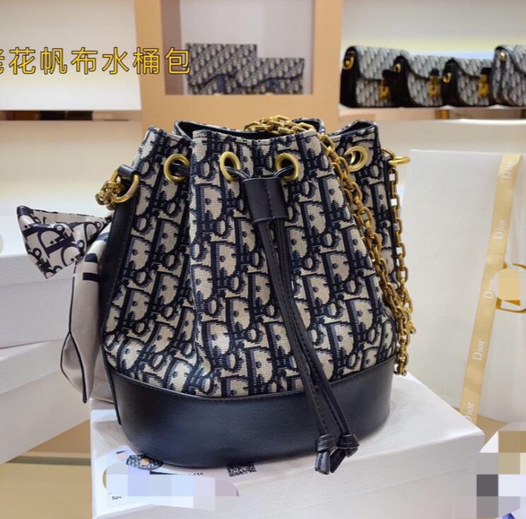 

Dior Fashion genuine leather bucket bag women famous designer Drawstring handbags flower printing crossbody purse, Black