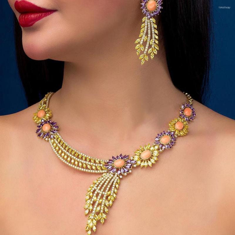 

Necklace Earrings Set GODKI Trendy Real Pink Coral UAE For Women Wedding Party Zircon CZ African Dubai Bridal Jewelry Dance, Picture shown