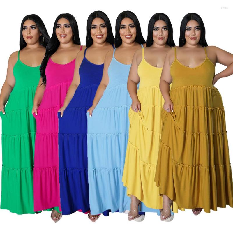 

Casual Dresses 2022 Oversize Women Dress Arrivals Summer Spaghetti V Neck Ruffles Pleats Sleeveless Elegant Maxi 5XL, Blue