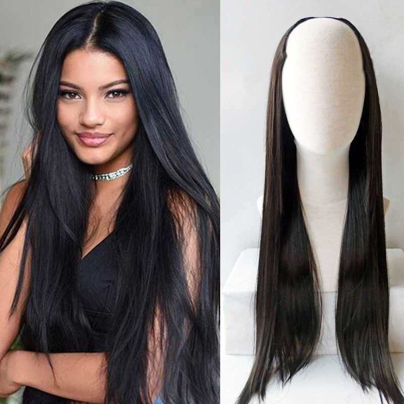 

Hair Lace Wigs Female Simulated Wire Connector U-shaped Half Head Cover Long Straight Hair Wig, Black