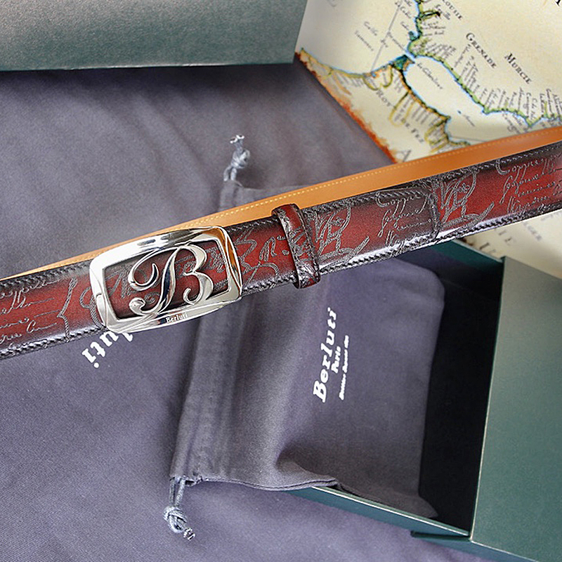 

berluti Pure handmade men's belt leather color change 3.5cm classic pattern engraved luxury Essence Steel buckle belts Automatic buckle can be adjusted at will leash, Gray