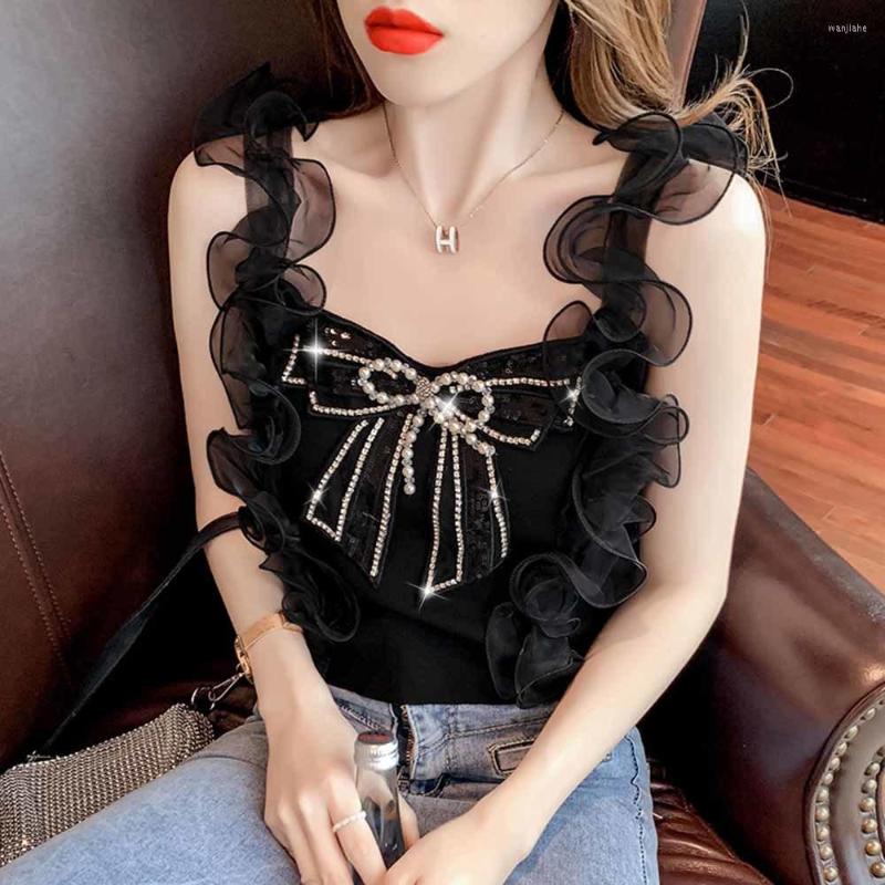 

Women's Tanks Ruffle Bow Pearl 2022 Knitted Camisole Slim Short Women Blouse Female Camis Tank Tops Lace Y2k, Black