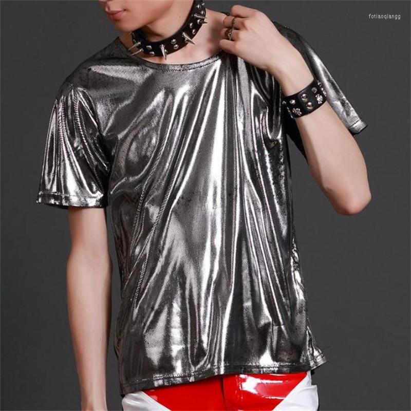 

Men's Casual Shirts Silver Gold Fashion Punk Slim Sexy Shirt Men Short Sleeve Man Teenage Korean Mens Personality Stage Singer Dance, Only shirts