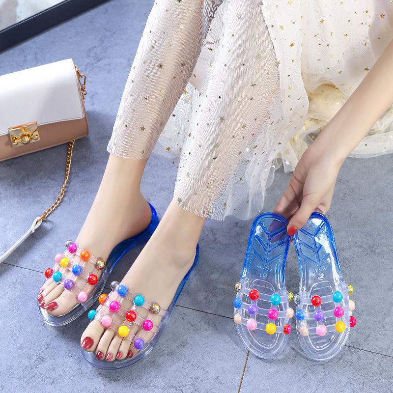 

Slippers Summer Style Crystal Women External Wear Soft Bottom Transparent Beach Shoes Slides Leisure Square Heel String Bead, Crystal pink