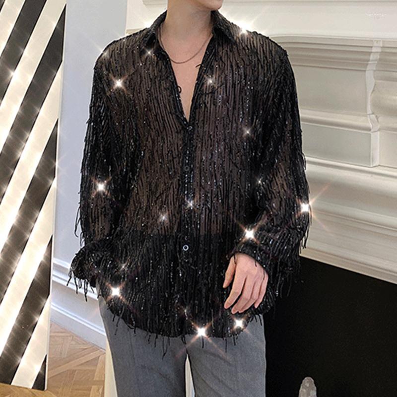 

Men's Casual Shirts Bar Nightclub Male Gold Black Sequins Tassel Transparent Spring Summer See Through Fringe Stage Performance Shirt
