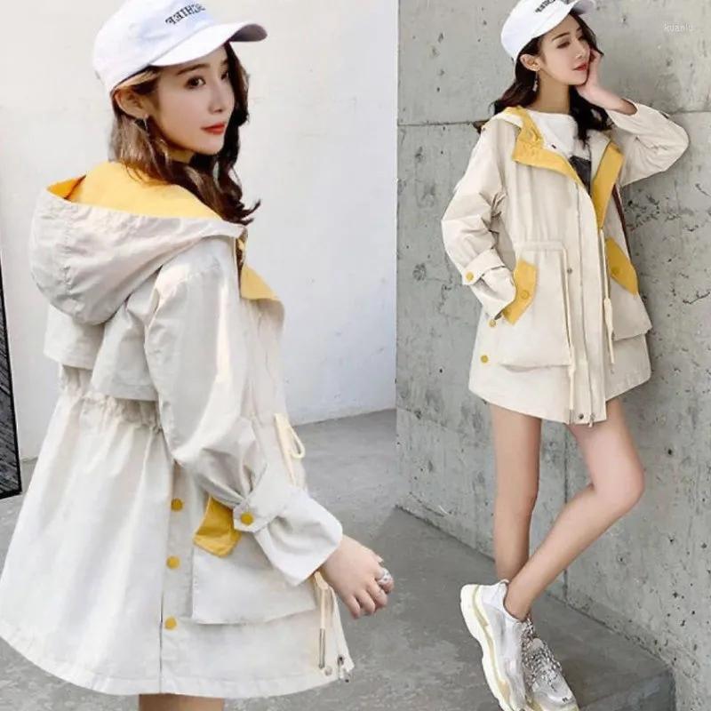 

Women' Trench Coats Women' Hooded Loose Windbreaker 2022spring Korean Casual Mid-Length Coat Large Size Student Color Matching Top, Yellow