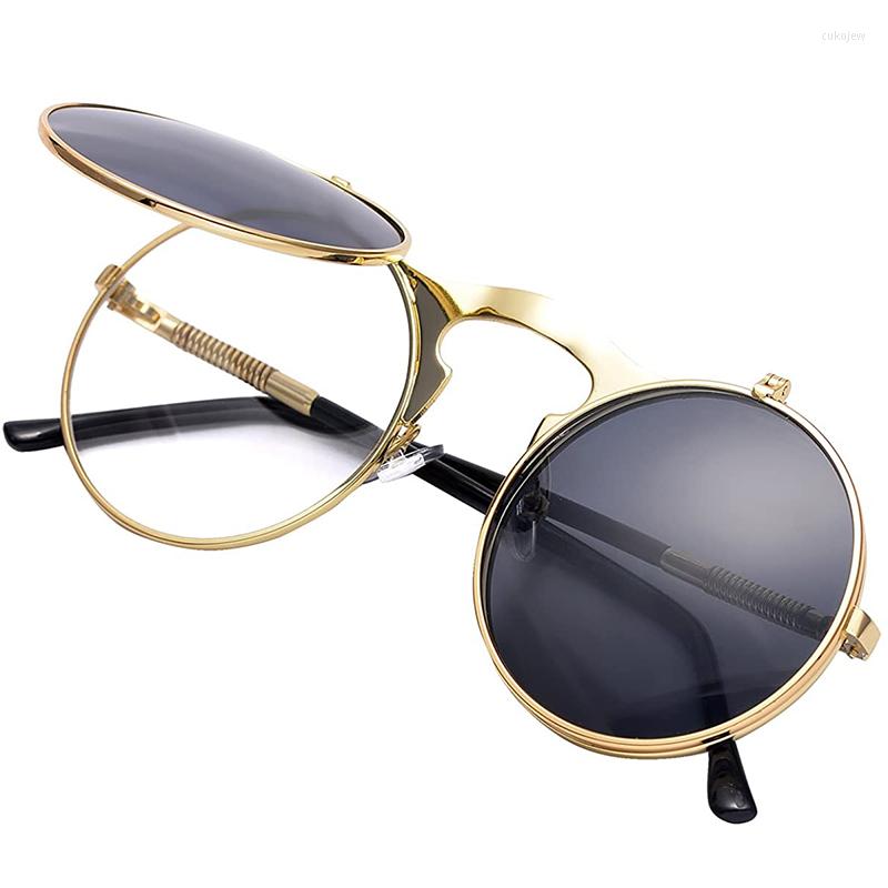 

Sunglasses Vintage Steampunk Flip For Men Women Retro Round Metal Sun Glasses Brand Designer Colored Lenses Eyewear