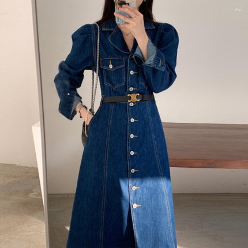 

Casual Dresses 2022 Spring Denim Long Dress Women Vintage Sleeve Cowboy For Streetwaer Office Lady Jeans Vestidos, Blue