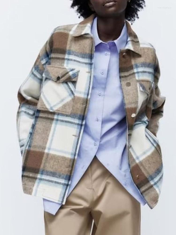 

Women' Jackets Kumsvag 2022 Autumn Women Shirts Coats Casual Plaid Pockets Loose Female Elegant Street Jacket Outerwear Clothing, Grey