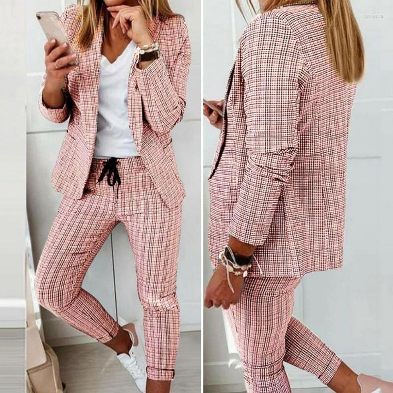 

Women' Two Piece Pants Women' Pcs/Set Chic Ankle Length Plaid Print Jacket Trousers Suit Anti-wrinkle Lady Cardigan For, Black