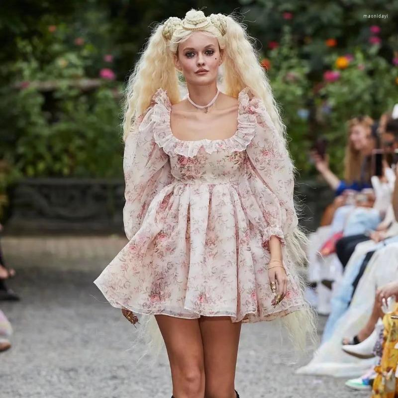 

Casual Dresses Spring Vintage Organza Puff Sleeve For Women 2022 Elegant Ruffles Pink Flower Printed Ball Gown Party Dress Vestidos