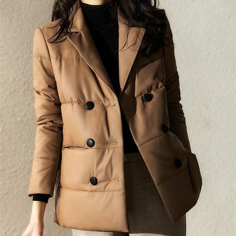 

Women' Leather 2022 Winter Women' Down Jacket Casual Sheepskin Lapel Medium Long Double Breasted Slim Fit Suit Coats Female, Black