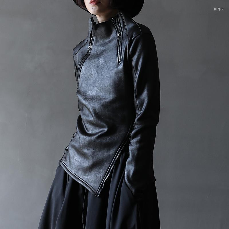 

Women's Leather Original Dark Style Autumn Winter 2022 Irregular Stand Collar Oblique Zipper Faux Plus Velvet Sweatshirt Female DF019, Skirt pant