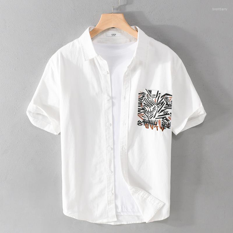 

Men's Casual Shirts Embroidered Print Short Sleeve Lapel Shirt Men's Summer Personality White Top