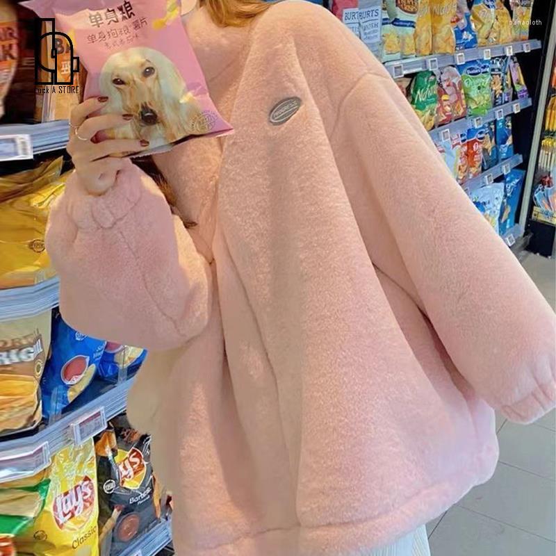 

Women' Fur 2022 Autumn Winter Stand Collar Coat Women Solid Harajuku Loose Sweet Faux Jackets Famel Warm Outerwears, Pink
