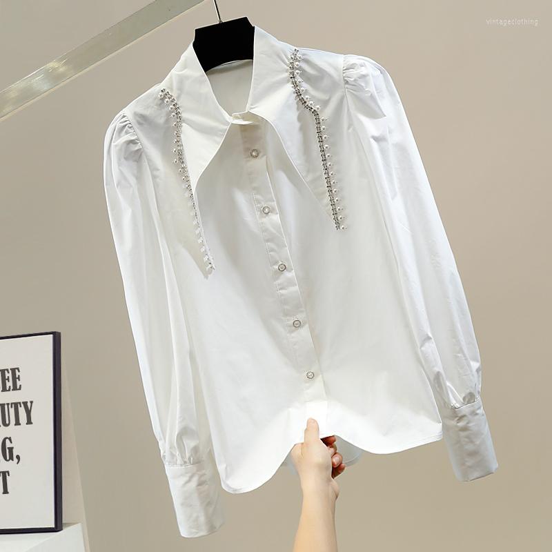 

Women' Blouses 2022 Spring Summer White Shirt Diamonds Collar Solid Color Loose Blouse Long Sleeve Elegant Woman Shirts Mujer