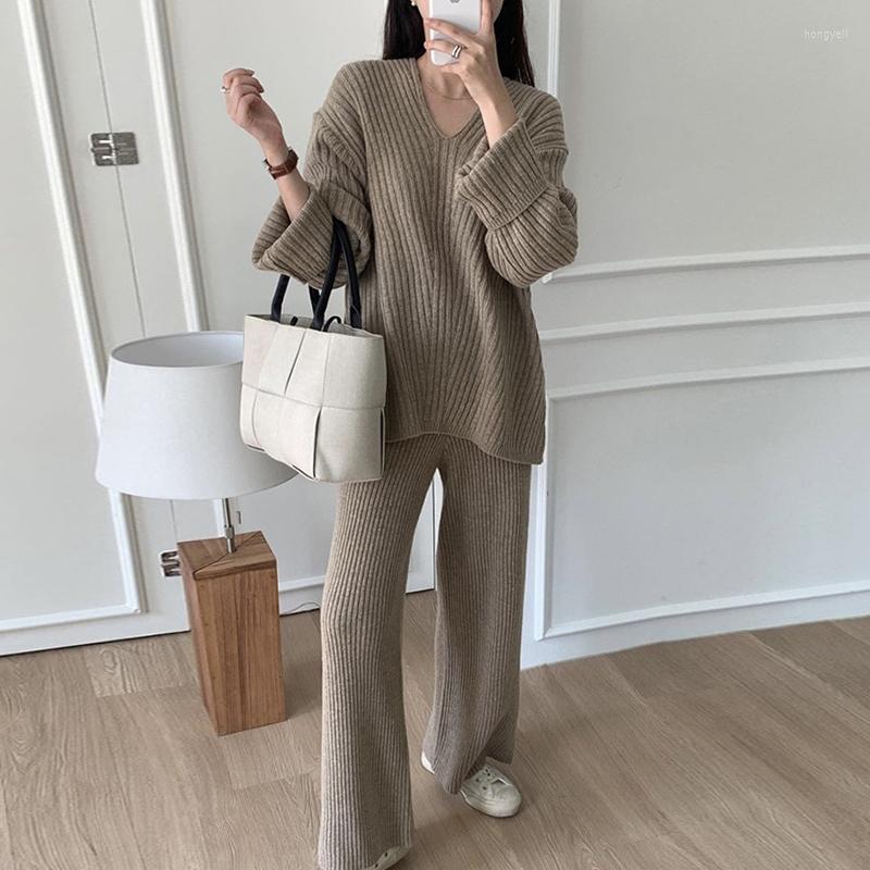 

Women's Two Piece Pants SuperAen Winter Korean Chic Retro Style V-neck Pit Strip Pullover Sweater High Waist Loose Wide Leg Casual Women, Black