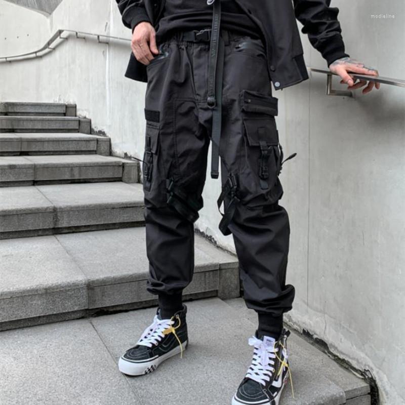 

Men's Pants Multi-pockets Ribbons Techwear Hip Hop Cargo Men Harajuku Casual Tactical Trousers With Belt Korean Fashion Streetwear, Black