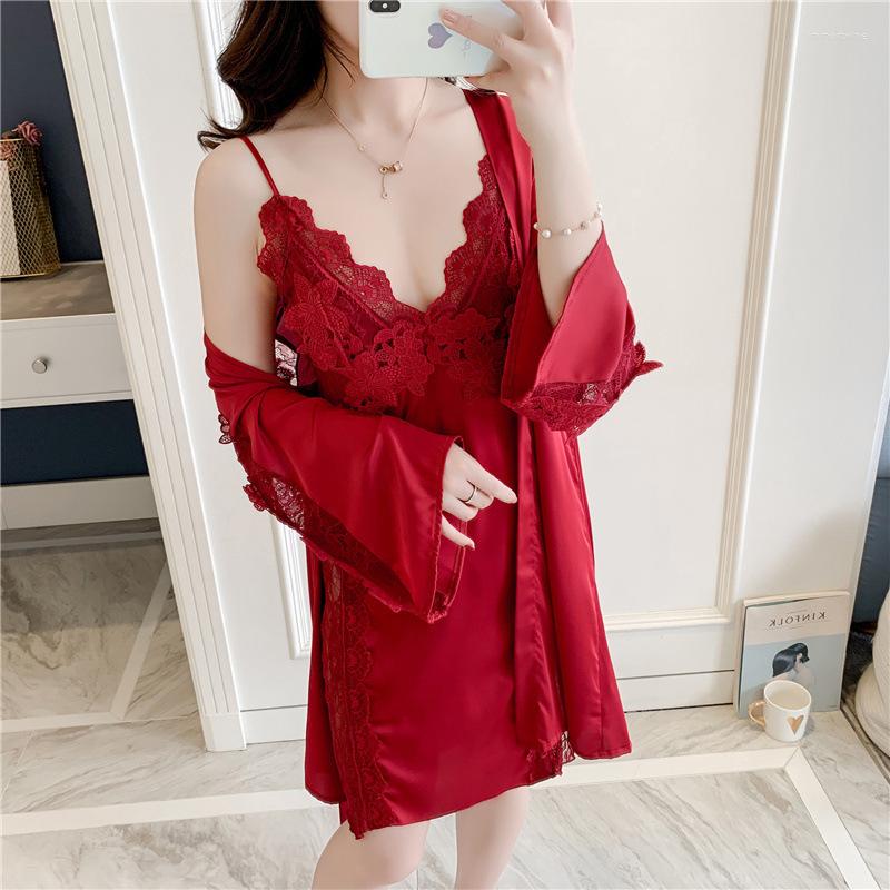 

Women's Sleepwear Spring Woman Sexy Imitate Real Silk Robe Nightdress Set Ice Hollow Bathrobe, Black