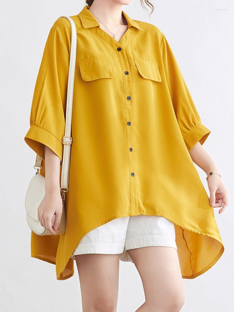 

Women's Blouses Women's Asymmetrical Long Casual Loose Single-breasted Turn-down Collar Solid Color Female Chiffon Short Sleeve Shirt, White
