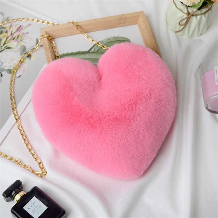 

new rabbit hair peach heart lovely children's heart-shaped bag sling single Shoulder Messenger chain bag fur love bag, Red
