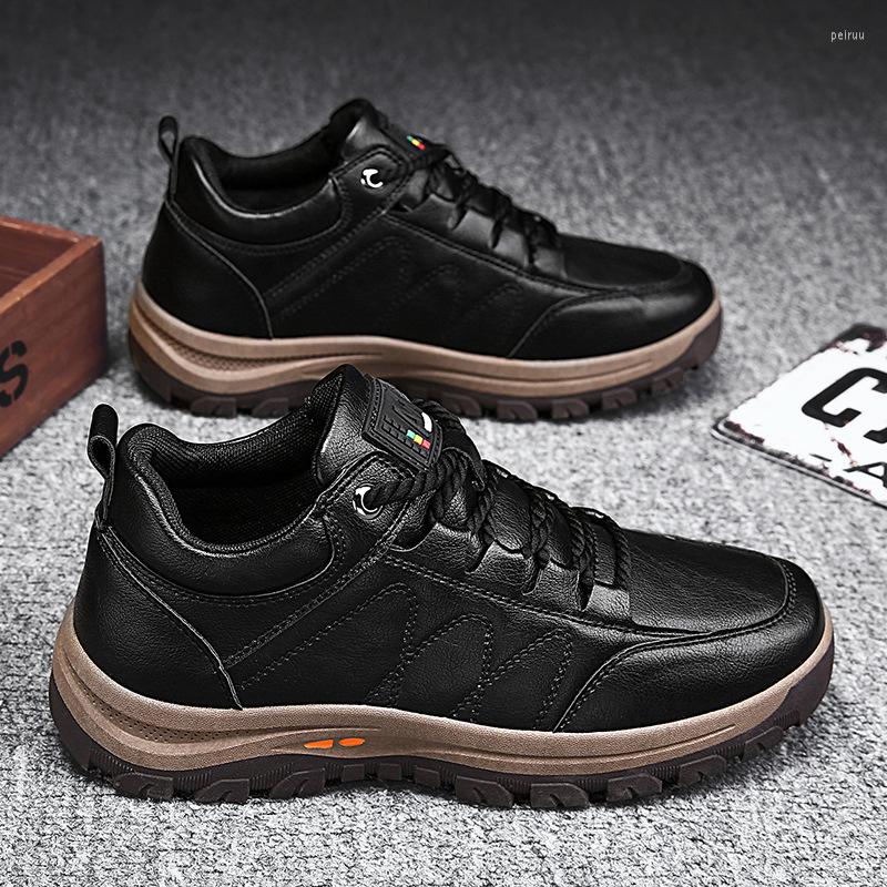 

Boots Men Casual Shoes Spring Autumn Leather Sneaker Thick Bottom Wear-resistant Shoe British Style Mens Fashion Sneakers, Black