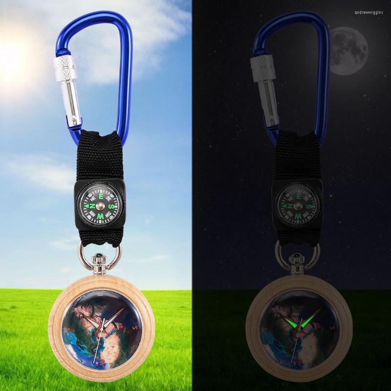 

Pocket Watches Sport Vintage Carabiner Quartz Watch Land/Ocean/Starry Dial Wooden Bamboo Pendant Clock Luminous Hands Display, Ocean dial