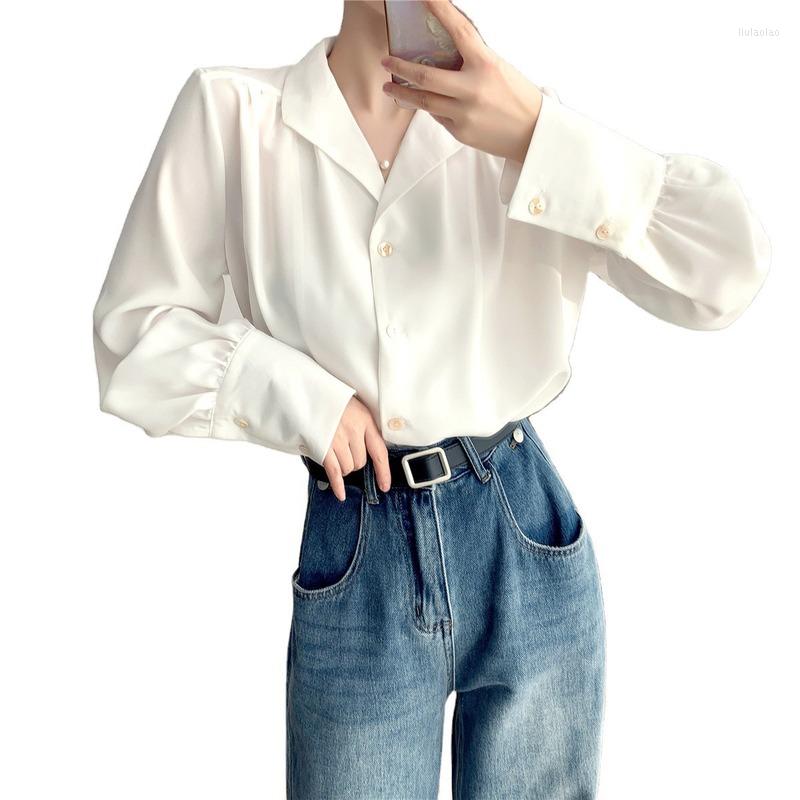 

Women' Blouses Retro White Women' Single Breasted Shirt 2022 Summer Ladies Loose Long Sleeve Commuter Solid Color Top Korean Fashion, Blue