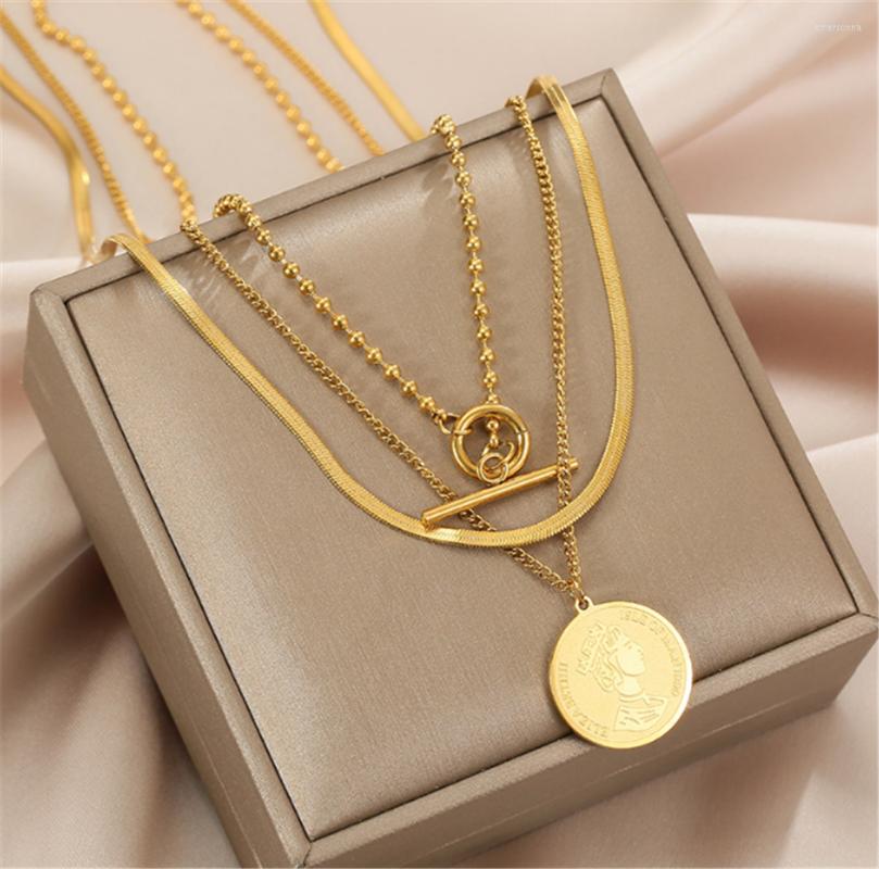 

Chains 316L Stainless Steel Three-layer Queen Medallion Ladies Stackable Titanium Fashion Jewelry Necklace