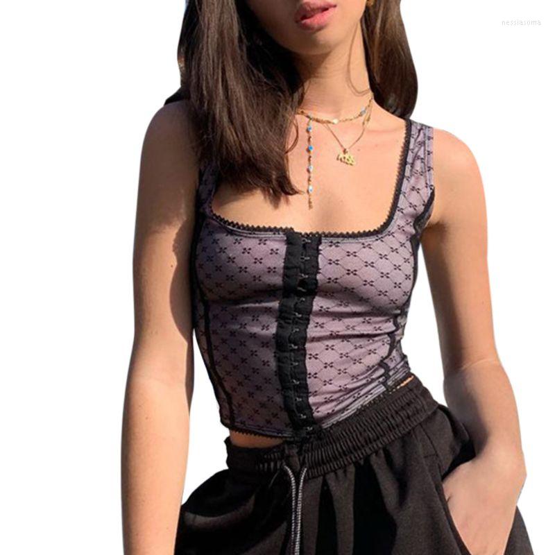 

Women's Tanks Women Summer Sleeveless Buckle Front Crop Top Wave Point Snowflake Mesh Net Slim Vest Sexy Square Neck Party Clubwear, Picture shown