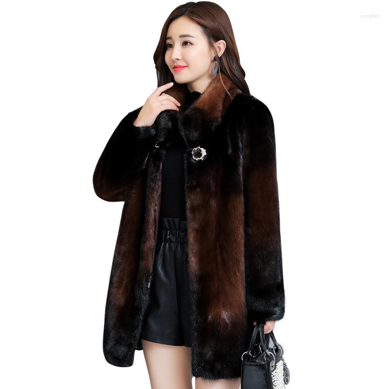 

Women's Fur Real S 2022 High Quality Faux Mink Coat Women Autumn Winter Stand-up Collar Thicken Imitation Jackets KW426, Golden