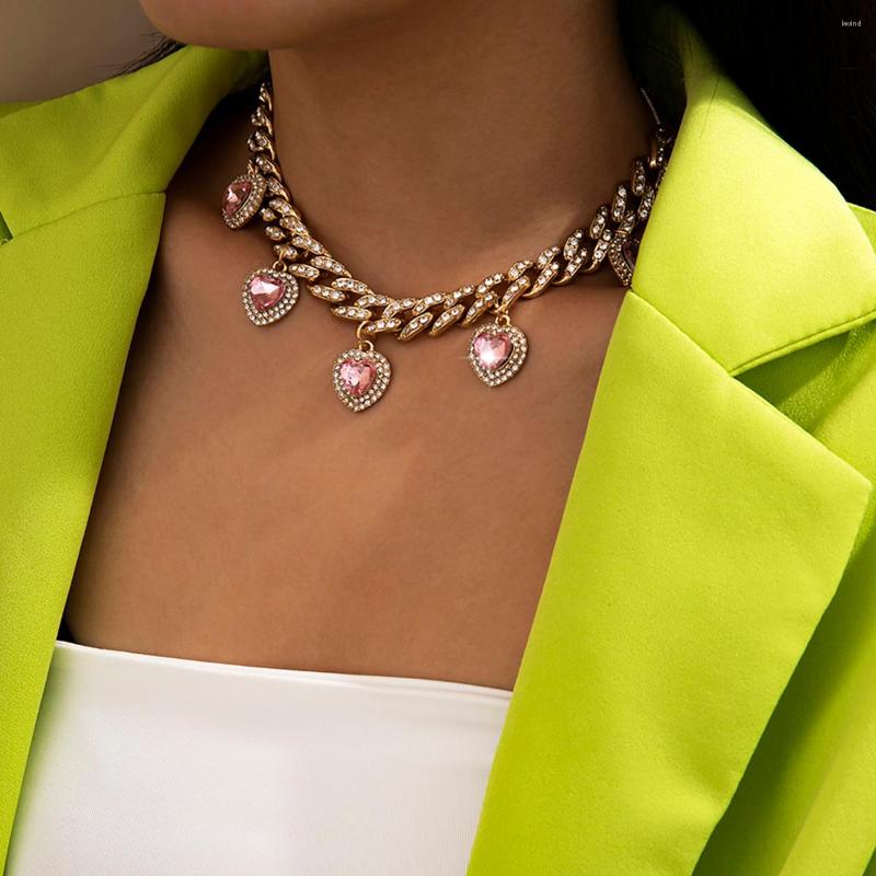 

Choker 2022 Luxury Crystal Heart Pendant Necklace Punk Aesthetic Rhinestone Miami Cuban Chain For Women Jewelry Gifts