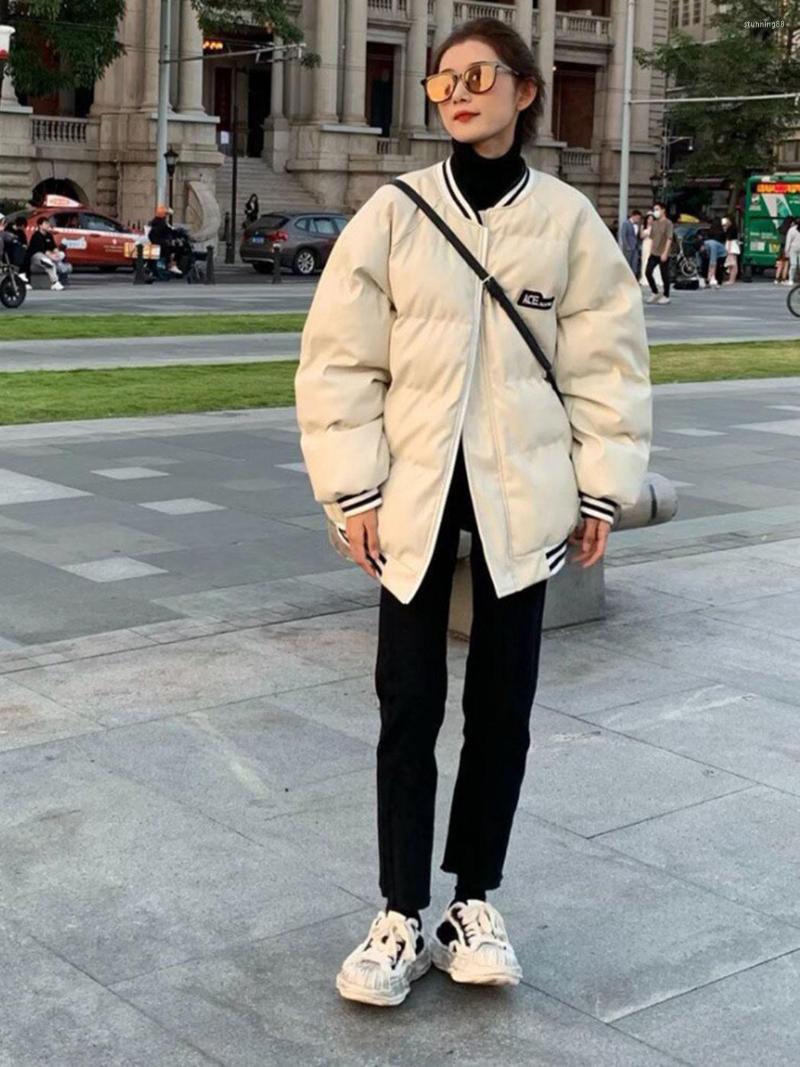 

Women' Down 2022 Winter Loose Warm Baseball Jacket Women Pu Fashion Female Autumn Patchwork Round Neck Chic Casual Cotton, Beige