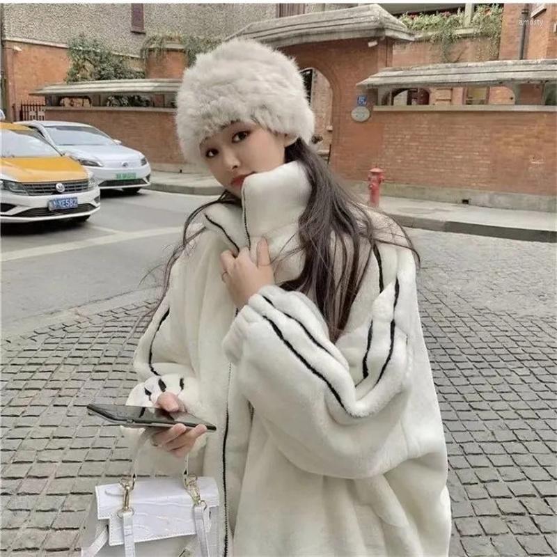 

Women's Fur Warm Jacket Stand Collar Bar Stitching Long-Sleeved Autumn Winter Thickening Super Soft Imitation Wild Coat Women, White