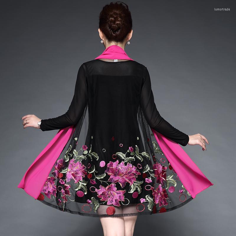 

Casual Dresses Middle Aged Women Embroidery Flower Dress Summer Autumn Two Piece Black Party Vestidos 6XL, 838 green